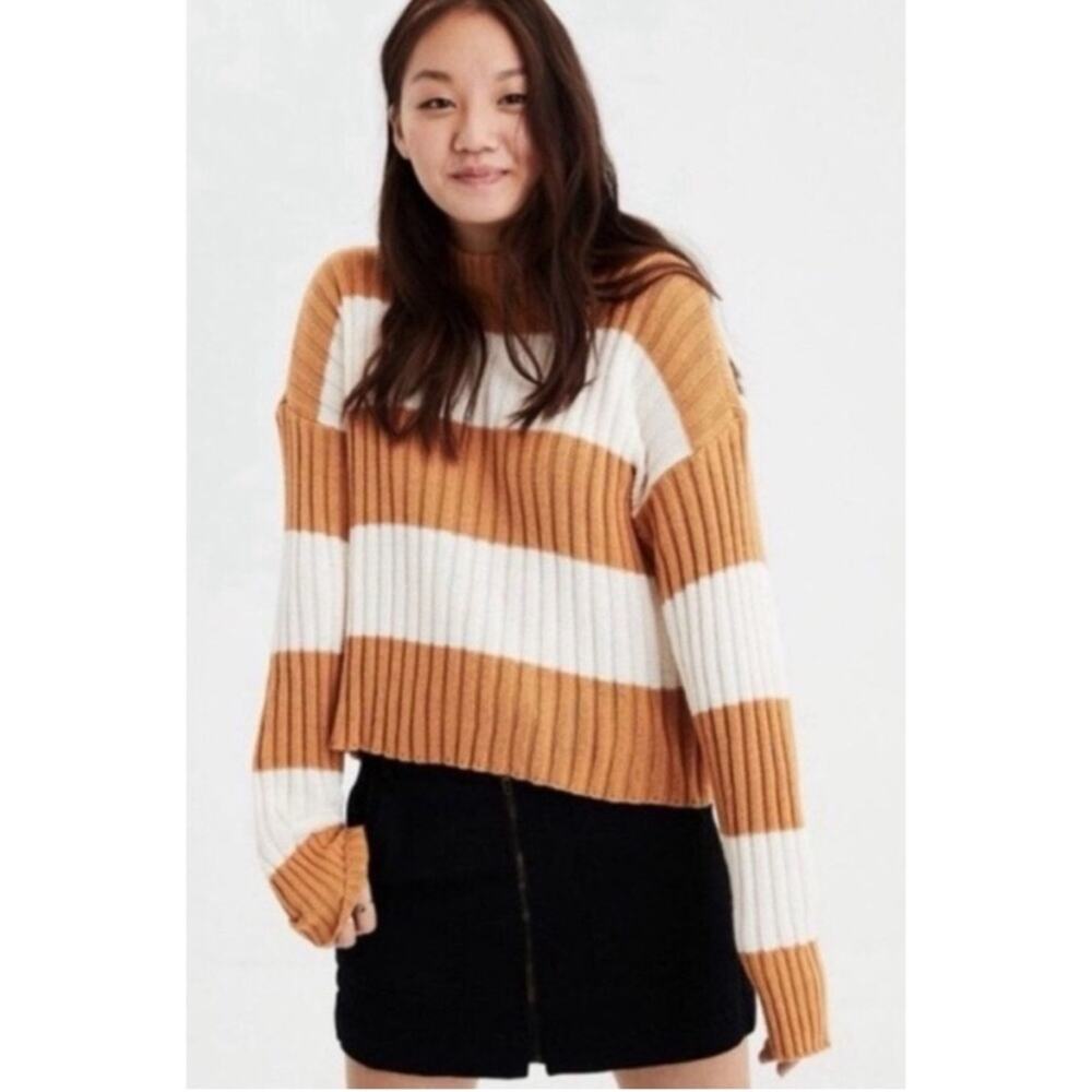 American Eagle Rugby Stripe Ribbed Oversized Crop Sweater Marigold Yellow White